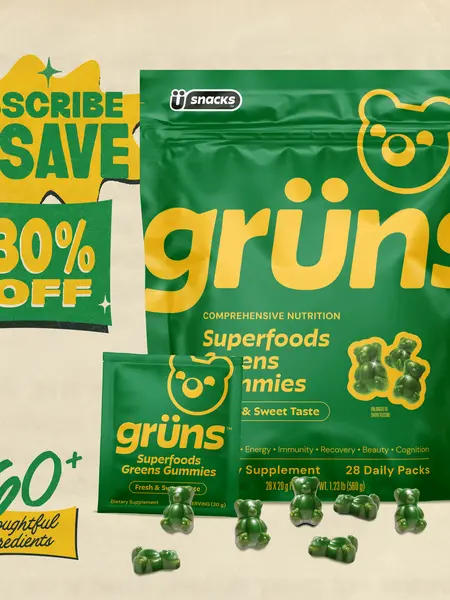 Grüns Superfood Greens Gummies (Sugar-Free): 21+ Vitamins and Minerals, Prebiotics for Digestive Health, Adaptogens. Nutritional Edible Dietary Supplement to Support Fitness