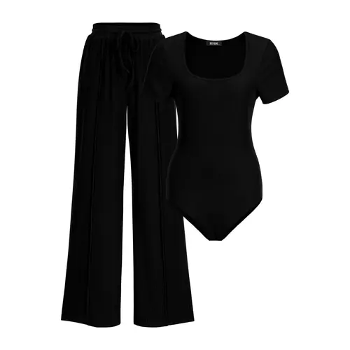 BTFBM Women's Casual 2-Piece Outfits Square Neck Short Sleeve Shapewear Bodysuit Drawstring Pants Knit Sets