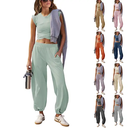 Ommig Women's 2-Piece Cotton Activewear Set - Lightweight Basic Casual Lounge Tracksuit with Cropped Top, Sweatpants, Pockets, Sports Clothes,sohochic