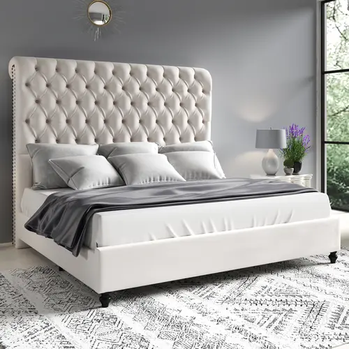 AMERLIFE Bed Frame with Sleigh Headboard, 60" Tall Velvet Upholstered Platform Bed, Handcrafted Deep Diamond Buttons and Double Pleats, No Box Spring Needed/Best Gift Ideas/Christmas Gifts[tiktokshopbacktoschool][SohoChic]