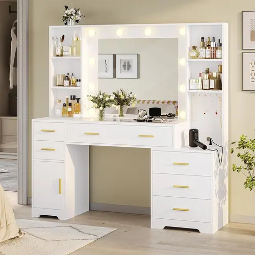 Sikaic 48.8'' Large Vanity Desk with Lighted Mirror and Power Outlet, White Makeup Vanity Table with 6 Drawers, 4 Shelves and Storage Cabinet, Glass Tabletop Dressing Table with 3 Lighting Modes, Home Furniture Christmas Gifts [SohoChic]