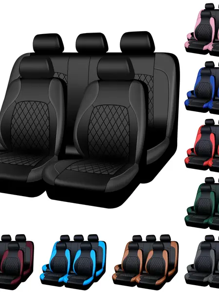 AutoYouth Universal PU Leather Car Seat Covers (2/5-Seat Options), Diamond Quilted, Waterproof, Anti-Scratch, Full Front/Rear Protection, Airbag Compatible, Fits Most Cars SUVs Vans Trucks, Black Red Automotive Interior Decor, Car Accessories