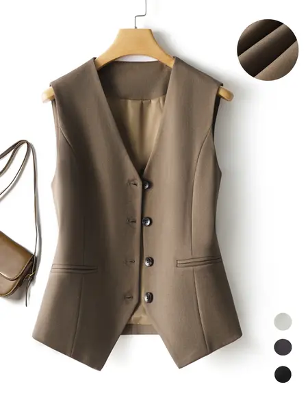 Women's V-Neck Button Gilet, Short Elegant Vest for Spring & Fall, Casual Plain Surface Outerwear, Fashionable Slim Fit Top
