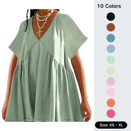 Yeokou Women's Cute Preppy Sweet V-Neck Short-Sleeve A-Line Swing Mini Sundress with Side Pockets - Machine Washable Casual Dresses, Easy Beach-to-Brunch Wear, Street Style, Above Knee, Basic, Sexy, Summer Everyday Wear, Dates