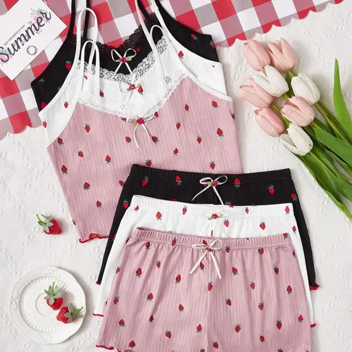 Women's Strawberry Print Lettuce Trim Pyjama Set, Casual Comfy Contrast Lace Cami Top & Bow Decor Shorts for Women, Ladies Sleepwear for All Seasons, Womenswear, Pajamas