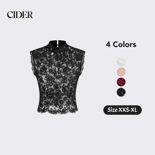 Cider Lace Crop Top with Mandarin Collar – Sheer Floral See -Through Tank, Layering-Friendly for Date Nights & Spring Outfits
