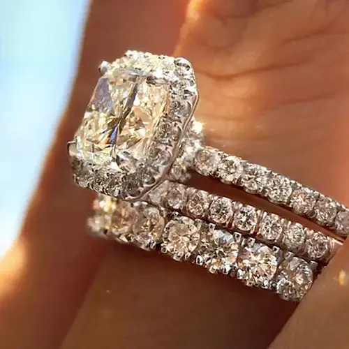 JJ CHIC Three-Piece Cushion Cut Ring Set,Micro Pave CZ Stones for Women - Ideal for Engagement, Proposal, or Wedding