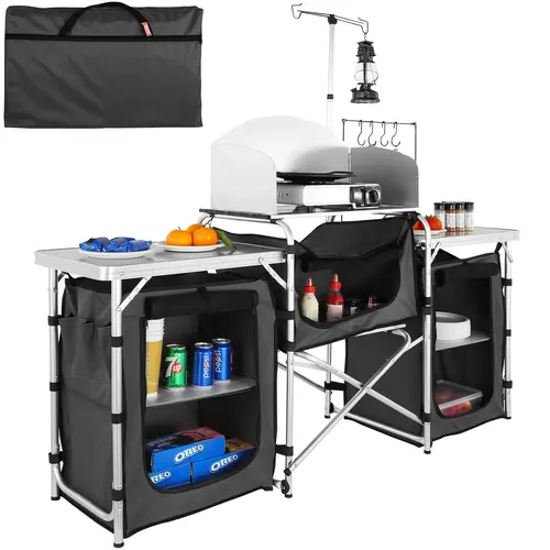 【Father's Day Gifts】VEVOR Aluminum Frame Compact Camping Kitchen Station - 3 Cupboards, Detachable Windscreen, Storage Bag, Quick Set-Up, Slim Fold Slips Into Bag, RV/BBQ/Picnic Ready Camping Furniture, Portable Outdoor Table,toolupgrade
