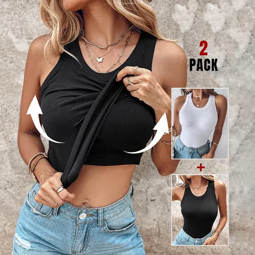 CHICME 2 Piece Tank Tops with Built in Bras Athletic Tank Tops for Women Ribbed Tank Top/Ribbed Built-in Bra Tank Top