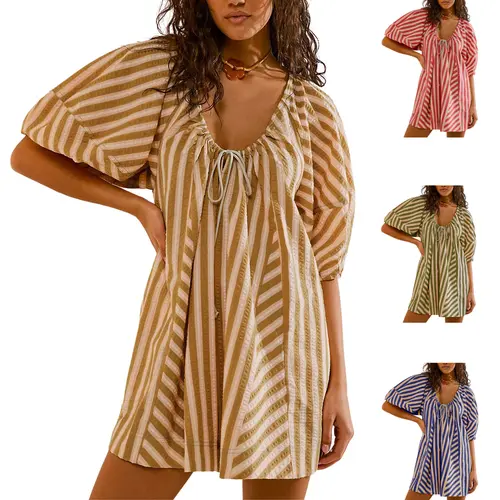 UANEO Womens Striped Romper Casual Loose Puff Sleeve Wide Leg Jumpsuit Overall with Pockets SummerVibes