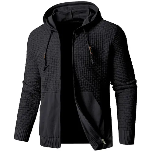 Zaitun Men's Hooded Cardigan Sweater - Full Zip-Up Cozy 3D Waffle Knit Fabric Long Sleeve Slim Fit Lightweight Top with Pockets, Menswear, for Fall Outings, Cozy Layering Piece