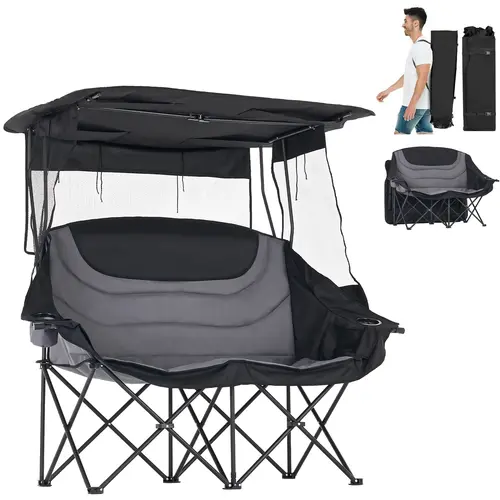 ABORON XXL Padded Folding Camping Loveseat with Shade Canopy - Oversized Outdoor Furniture, Camping Lounger, Picnic Chair for Adults, Patio Folding Chairs, Unisex, Garden Party