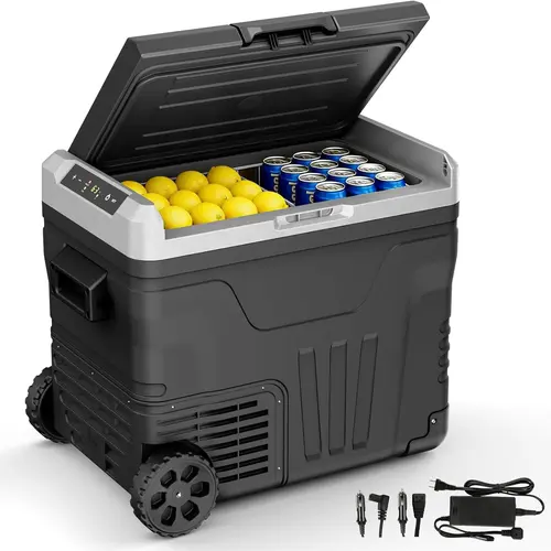 EUHOMY Car Freezer Cooler Refrigerator (23L/35L/50L/24/37/53Quart) - 12V/24V DC & 110-240V AC, -4°F~68°F Climate-Controlled, Built-In Bins, Control Panel, Wheels, 2 Baskets, Large Cooling Zone, for RVs, Trucks, Built-In Bins Refrigerators, Car Freezer Coo
