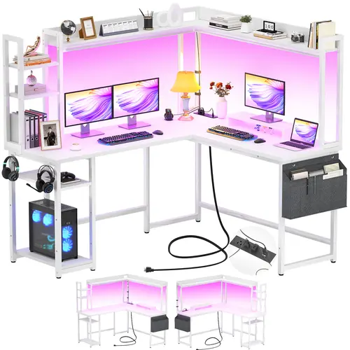 L-Shaped Corner Gaming Desk - Modern Ergonomic Home Office Workstation, Reversible Multi-Functional Computer Desk with 3 Outlets + 2 USB Ports for 5 Devices, Indoor Furniture Functional Table