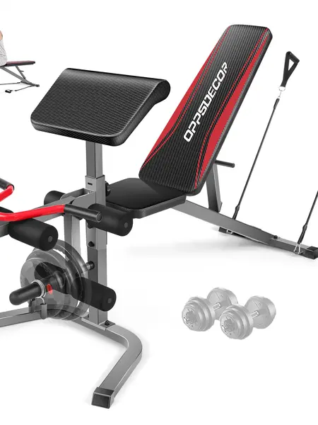 OppsDecor Olympic Adjustable Weight Bench Set - 900LBS Capacity, Leg Extension, Leg Curl, 3 Preacher Curl Pad Positions, Incline-Decline-Flat, Fits Olympic and Standard Bars, Space-Saving Home Fitness Equipment for Adjustable Barbell Weight Lifting, Barbe