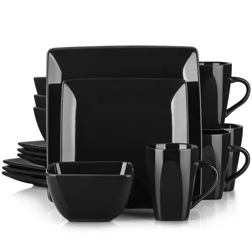 vancasso Soho Black Stoneware Square Dish Set - 16-Piece Everyday Dinnerware Service for 4, Includes Dinner Plates, Bowls, Mugs, Modern Daily Oven-Safe Use Tableware