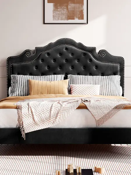 HOOMIC Full/Queen/King Adjustable Velvet Upholstered Bed Frame - 【Frame Only No Mattress】Diamond Button Tufted Tiara Headboard with Wood Slat Support, #TikTokShopDealsforYouDays#DealsforYouDays#Summervibes#Summergarden
