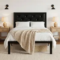 SHA CERLIN Metal Upholstered Platform Bed Frame with Headboard of Button Tufted Linen Fabric /Faux Leather,Twin/Full/Queen/King Size, Iron Slats Support, No Box Spring Needed, sohochic