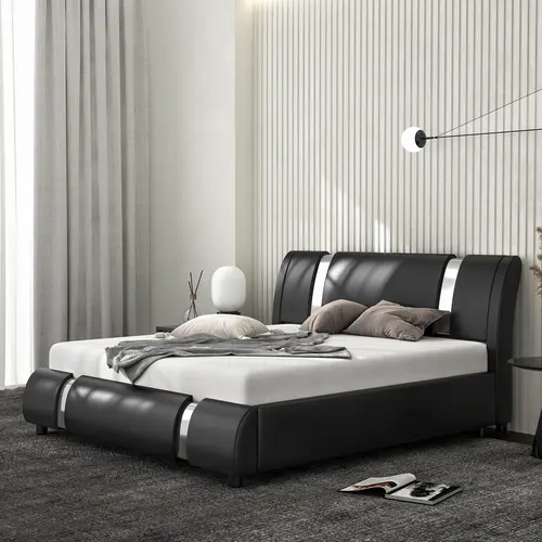 MUTICOR Bed Frame with Modern Iron Pieces Decor,【Frame Only No Mattress】 Faux Leather Platform Bed with Curved Adjustable Headboard, Wood Slat Support, No Box Spring Required#TikTokShopDealsforYouDays#DealsforYouDays#Summervibes#Summergarden