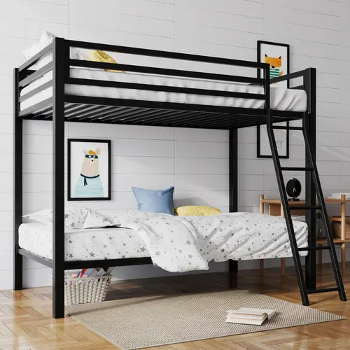 SHA CERLIN All-Metal Twin Loft Bunk Bed Frame, Industrial Design, Inclined Stairs, Full-Length Guardrail, Compact Child-Sized Indoor Furniture, Easy to Climb & Assemble, Loft Bed, sohochic