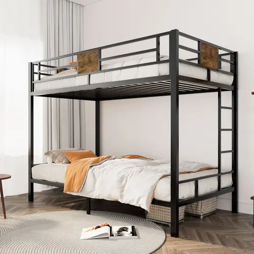 SHA CERLIN Twin Over Twin All-Metal Bunk Bed Frame – Bedroom Furniture, Country Rustic Beds, Frame Only (No Mattress/Box Spring Needed), Ladder, Full-Length Guardrail, Storage Space, Noise-Free, Black Summervibes Father's Day Gift