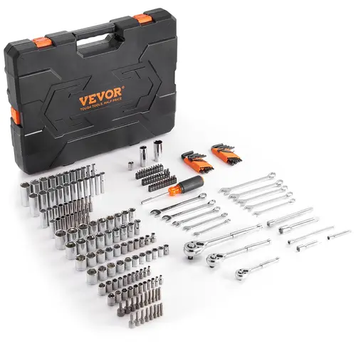 VEVOR Multifunctional Mechanics Tool Set (205 Pcs) - 1/4", 3/8", 1/2" Drive Deep & Standard Sockets, SAE/Metric Bits, Combination Wrenches, Hex Wrenches, Accessories, Storage Case - Heavy-Duty Portable Anti-Skid Tools for DIY Maintenance
