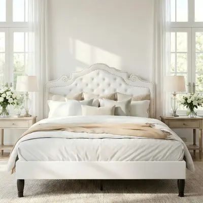 MUTICOR Royal Style Bed Frame with Adjustable Velvet Tiara Headboard【Frame Only No Mattress】 Upholstered Button Tufted Design,Wood Slats Support, No Box Spring Needed，Full/King/Queen Bed Frame #SummerVibes