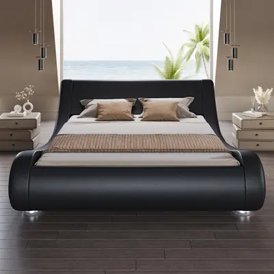 SHA CERLIN Upholstered Sleigh Platform Bed Frame, Low Profile, Faux Leather Adjustable Curved Headboard, No Box Spring Needed, FULL/Queen/King Size, Apartment Furniture, Adjustable Upholstered Headboard, sohochic
