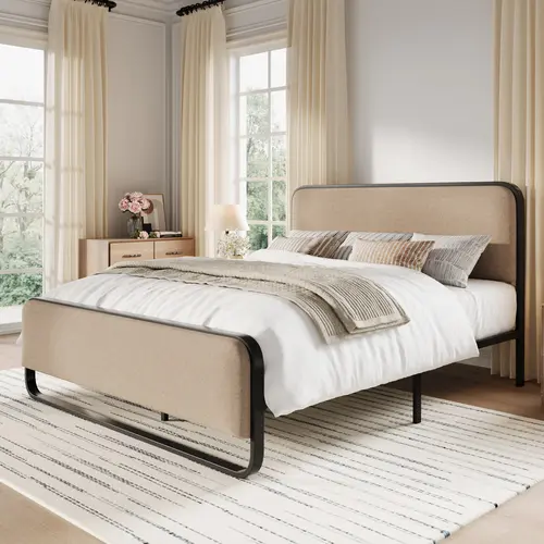SHA CERLIN Bauhaus Bedroom Bed Frame, Upholstered Modern Bed Frame with Curved Black Metal, Soft Fabric Meets Steel, Full/Queen/King Size, Corduroy or Beige Linen Modern Bedroom Furniture, Upholstered Modern Bed Frames, Queen Bed Frame, sohochic