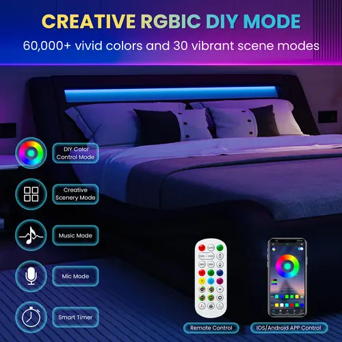 SHA CERLIN Deluxe LED Modern Platform Bed Frame, PU Leather Upholstered Adjustable Cloud LED Headboard, Low Profile Sleigh Design, Heavy Duty Wood Slat Support, No Box Spring Needed, Full/Queen/King Sizes, Queen Size Bed Frame, sohochic