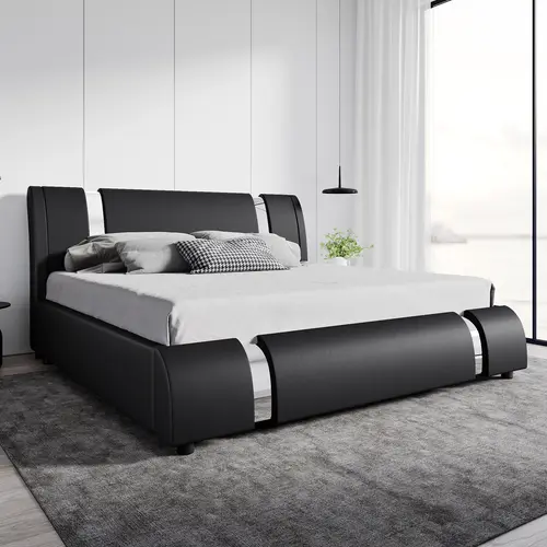 SHA CERLIN Deluxe PU Leather Upholstered Platform Bed Frame, Modern Low-Profile Curved Sleigh Design, Heavy-Duty Solid Wooden Slats Support, Freestanding Bedroom Furniture, Box Spring Needed, Full/Queen/King, Style Curved Bed Frames, sohochic