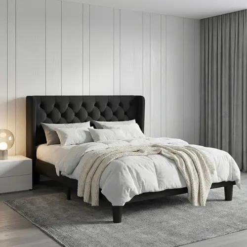 SHA CERLIN Modern Upholstered Linen Sturdy Platform Bed Frame with Wingback Button-Tufted Headboard, Solid Wood Build, Easy Setup, Full/Queen/King Sizes, No Box Spring, Modern Upholstered Bed, sohochic