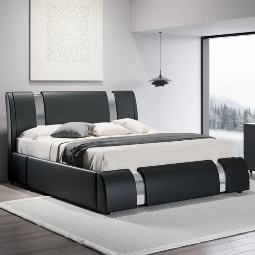 HOOMIC Modern Faux Leather Platform Bed Frame【Frame Only No Mattress】with Iron Pieces Decor,Low Profile Platform Bed with Height-adjustable Headboard,Solid Wood Slat Support,No Box Spring Needed,Queen/King Size#SummerVibes