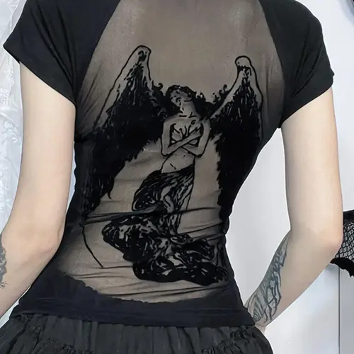Women's Angel Print Contrast Mesh Soft Sheer Fabric Round Neck Crewneck Tee, Y2K Trendy Casual Raglan Sleeve T-shirt for Daily Wear, Ladies All Seasons Outfit, Casual Tops