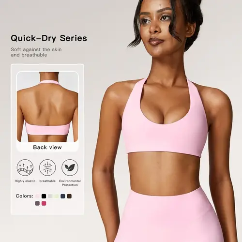 Women's Solid Wireless Halter Sports Bra, Breathable Comfortable High Stretch Sports Bra, Ladies Sportswear for Workout Gym Yoga
