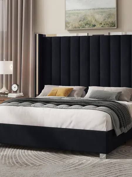 AMERLIFE Modern Bed Frame with 58" Tall Headboard, Velvet Upholstered Platform Bed with Channel Tufted Wingback Headboard & Plating Trim Design, No Box Spring Needed, Luxury Bedroom Furniture/Christmas Gifts[tiktokshopbacktoschool][SohoChic]