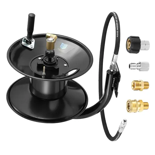 M MINGLE Heavy Duty Water Hose Reel Full Kit - 100 ft 3/8" NPT to M22 14mm Adapter, Corrosion-Proof Mounted Reel with Leakproof Fittings for 4000 PSI Power Wash Whip Hose Tool Upgrade,toolupgrade