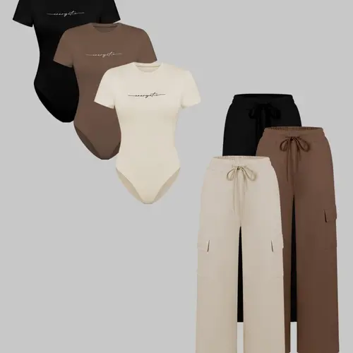 Women's Knit Soft Letter Print Two-Piece Set, Lounge Pants Set, Casual Style Set, Fitted Basic Short Sleeve Round Neck Jumpsuit & Drawstring Long Pants, All Seasons Fashion Womenswear