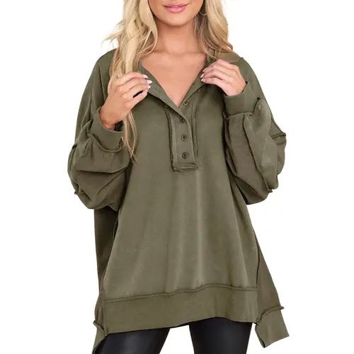 EVALESS Women's Oversized Button Henley Sweatshirts,Casual Long Sleeve Pullover Sweater,V Neck Solid Patchwork Tunic Tops,2026 Fashion Womenswear Fall Winter Outfits  Deals For You Days summer outfits