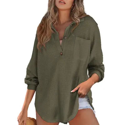 EVALESS Women's Oversized Henley Waffle Shirts Tops Button V Neck Long Sleeve Lightweight Mesh Knitwear Tunic Blouses 2026 Casual Fall Outfits Green Minimalist Style  Deals For You Days summer outfits