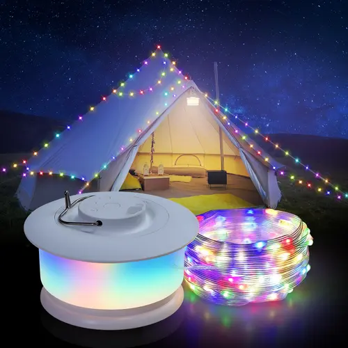 DEMILARE 2-in-1 USB Rechargeable Camping LED String Strips - 32.8 ft, Portable, Quick Storage, 12 Modes, 7 RGB & Warm White Colors, for Tent, RV, Decorative Ambiance, Home Improvement, Father's Day, Valentine's Day