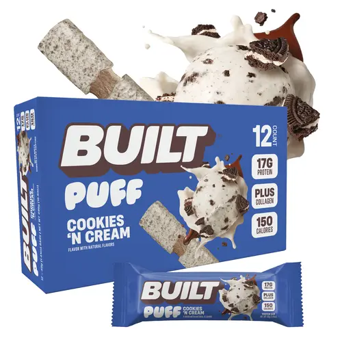 Official BUILT Bar, Puff Protein Bar Snack, Cookies 'N Cream Puff, 17g Protein, 150 Calories, Collagen, Not Gluten Free