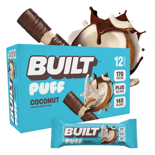 Official BUILT Bar, Puff Protein Bar Snacks, Coconut Puff, 17g Protein, 140 calories, Collagen, Gluten Free, Protein Packed Snack