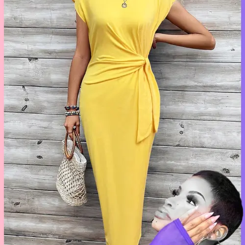Women's Ruched Knot Front Bodycon Fit Dress, Casual Batwing Sleeve Round Neck Long Dress, Ladies Clothes for Daily Wear