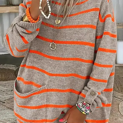 Women's Striped Print Drop Shoulder Pocket Knitting Sweater, Casual Long Sleeve Round Neck Jumper for Fall & Winter, Fashion Ladies' Knitwear for Daily Wear, Everyday Womenswear, Casual Pullover Tops