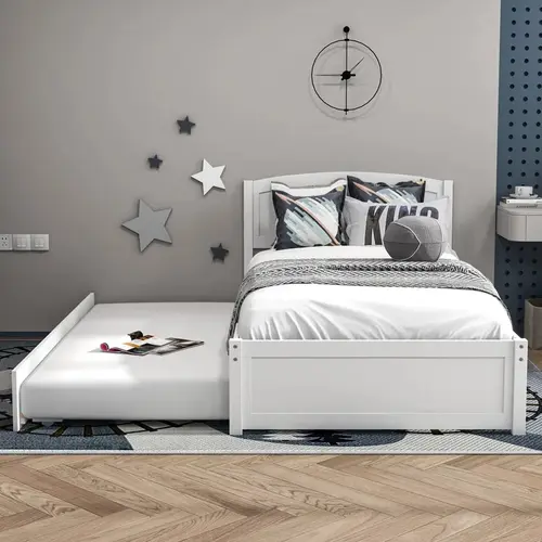 Topwin Solid Wood Twin Daybed with Trundle, Twin Size Pull Out Bed with Pop-Up Trundle and Slat Support
