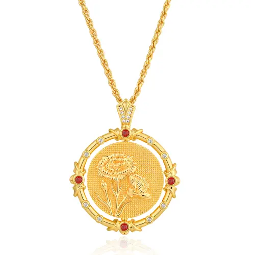Fettero Women's Gold-Plated Chain Necklace, Dainty Fashion Jewelry with Rotating Circular Pendant & Birth Flower Motif, Elegant Personalized 12-Month Birth Month Jewelry