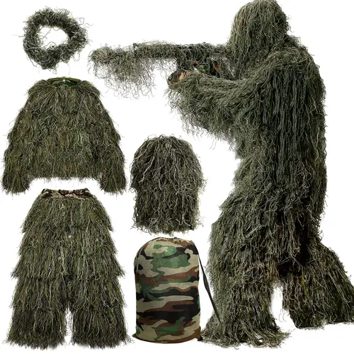 LILYPELLE Men & Youth 5-Piece Ghillie Suit, 3D Leafy Camouflage Full Set with Hood, Jacket & Pants, Smooth Concealment Gear for Hunting, Birdwatching, Paintball, Halloween & Adventurers,sohochic