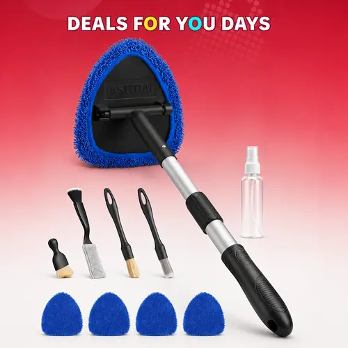 AstroAI 21" Extra-Long Windshield Cleaner Tool, Car Interior Detailing Cleaning Kit with Extendable Handle and 4 Upgraded Reusable Microfiber Pads, Auto Glass Wiper Brush Kit for Cars, Blue,car accessories,toolupgrade