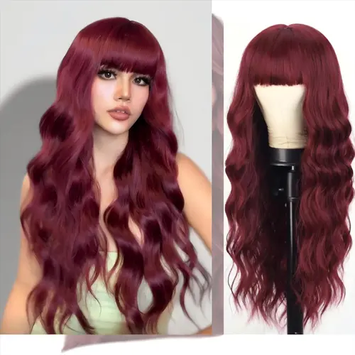 Women's 26in Wine Red Body Wave Synthetic Hair Wig with Bangs, Glueless Heat-Resistant Fiber, Glam Curls, Curling Waves, Daily Wear, 24/7 Support, Full Machine Wig,sohochic